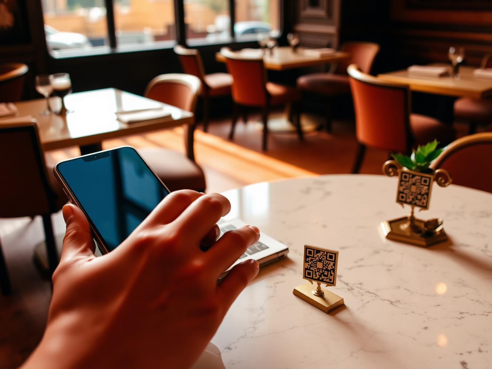 Cliente che appoggia lo smartphone su una targa NFC al tavolo di un ristorante
